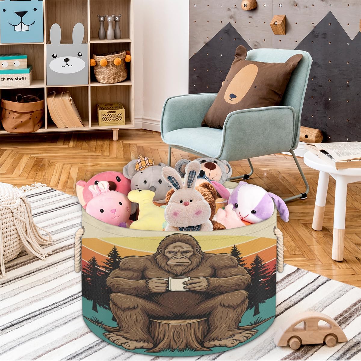 Large Storage Baskets - Retro Forest Bigfoot Nursery Round Collapsible Organizer Bin Box, Laundry Hamper for Kids Toys, Blanket, Bedroom Living Room Home Decor, Gift Basket, 19.4"x13.3"