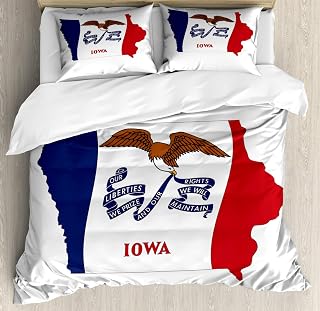 Lunarable Iowa Duvet Cover Set, Hawkeye State Map and Flag Bald Eagle Carrying Streamer Beak, Decorative 3 Piece Bedding Set with 2 Pillow Shams, California King, Cobalt Blue Vermilion