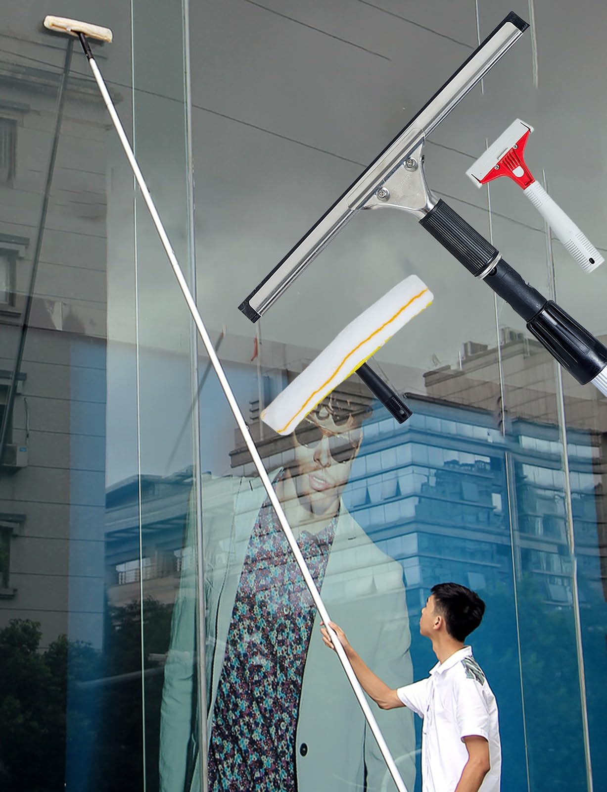 Fensterreinigungsstange 2 Floor Window Washing Equipment with Stone Shovel, 3-in-1 Outdoor High Windows Cleaner Tool with 1.2/ 2.4/ 3.6 M Adjustable Pole & 35 Cm Squeegee, Auto Glass Cleaning Kit(2.4m
