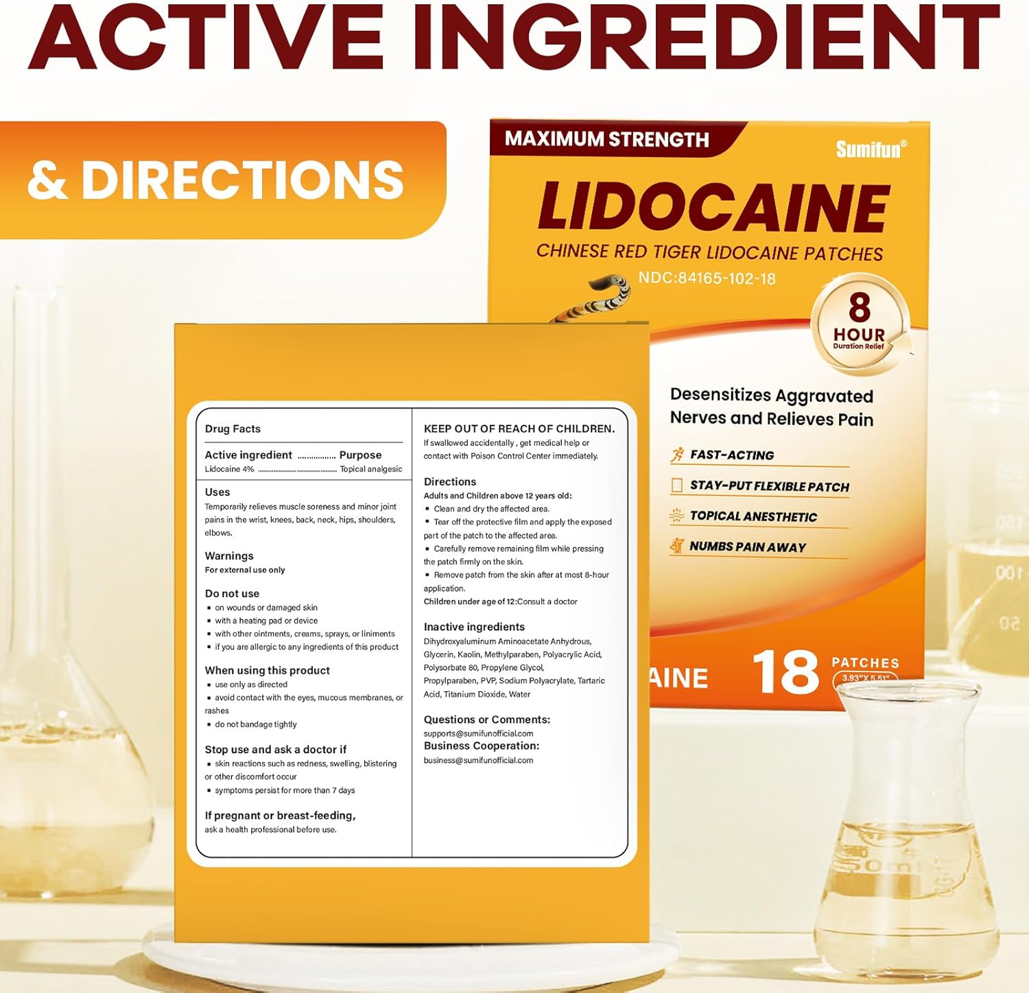 Sumifun 4% Lidocaine Pain Relief Patches,18 Count-Chinese Red Tiger Lidocaine Patches Maximum Strength Gel Patch for Muscule Sore Simple Backaches Joint Pain Topical Analgesic Odor Free