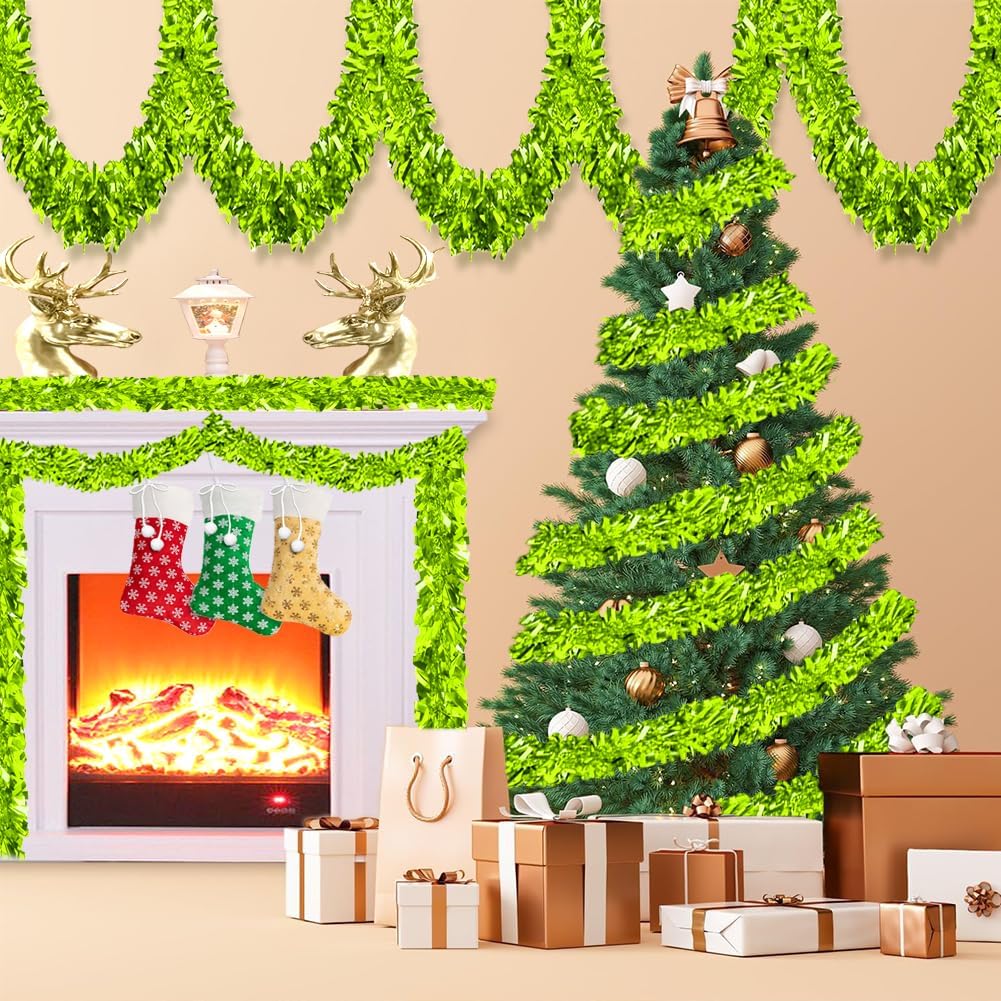 33Ft Christmas Tinsel Garland Shiny Thick Green Tinsel Decor Xmas Tree Decorations Metallic Twist Foil Garland for Christmas St Patricks Day Birthday Party Indoor Outdoor Supplies - Pale Green - Image 7
