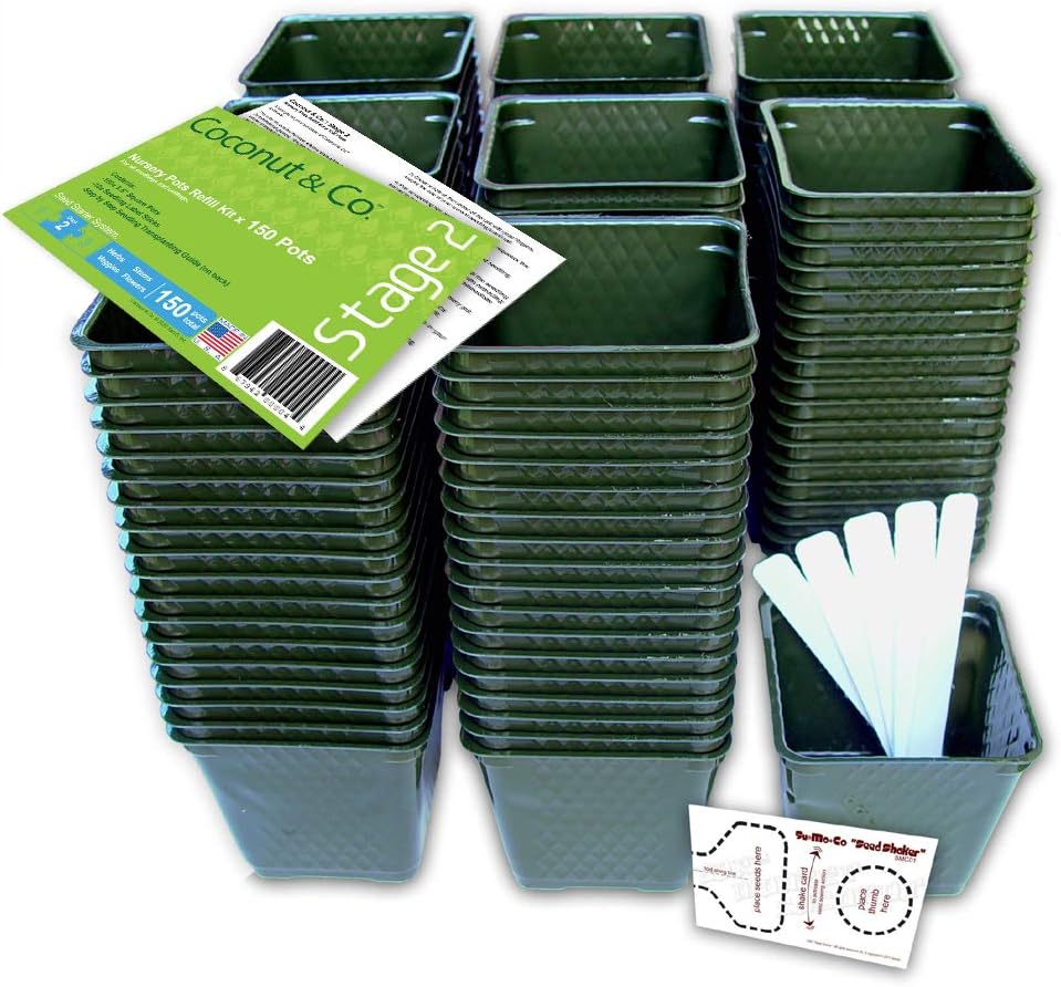 Set of 150 Plastic Nursery Plant Pots, Transplating Guide,"Seed Shaker" Card and 10 Plant Labels. Color: Green, Seedling Containers