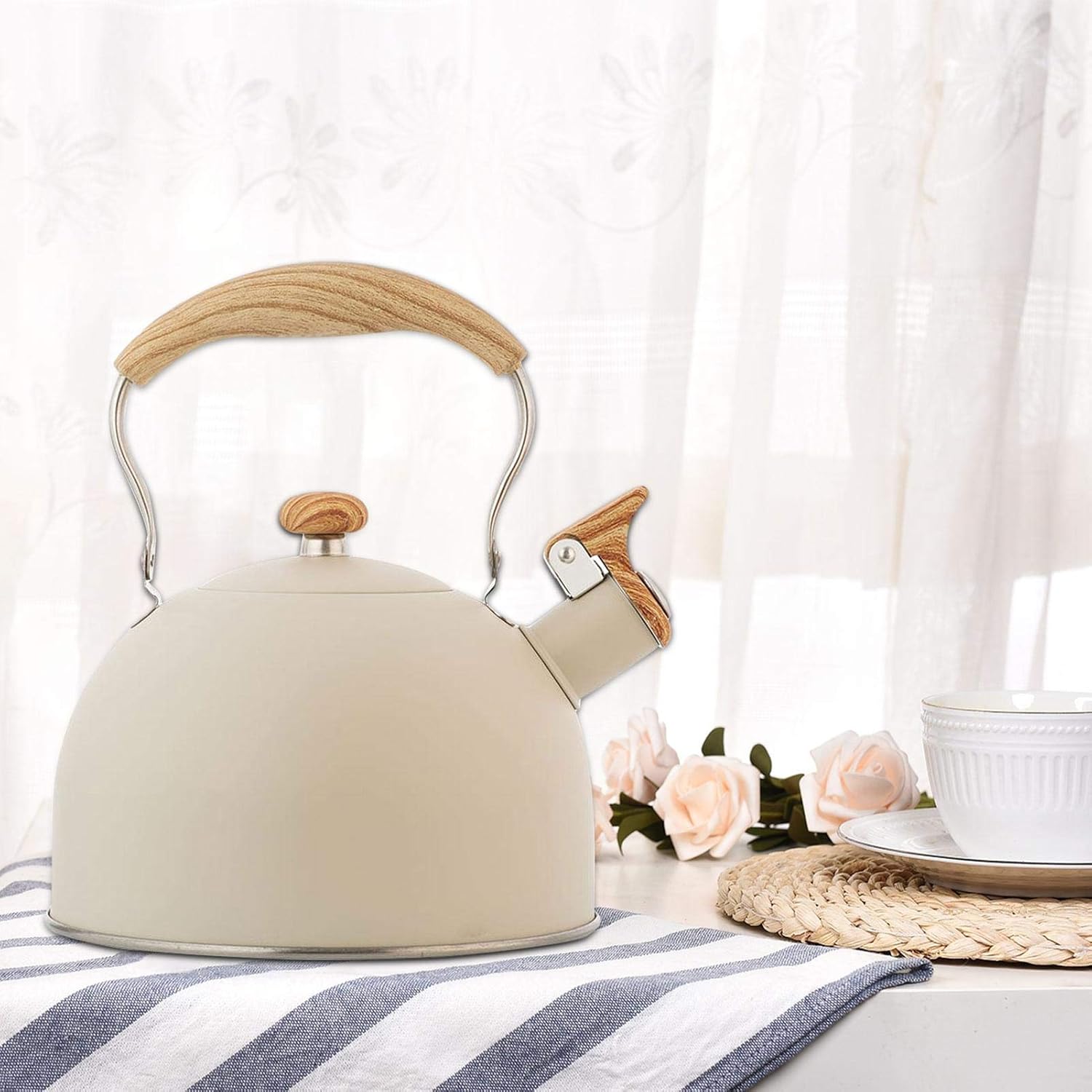 2.5L Whistling Kettle Camping with Anti-scalding Wooden Handle Gas Hob Stove Induction Kitchen Teapot Stainless Steel Coffee Tea Kettle-Beige