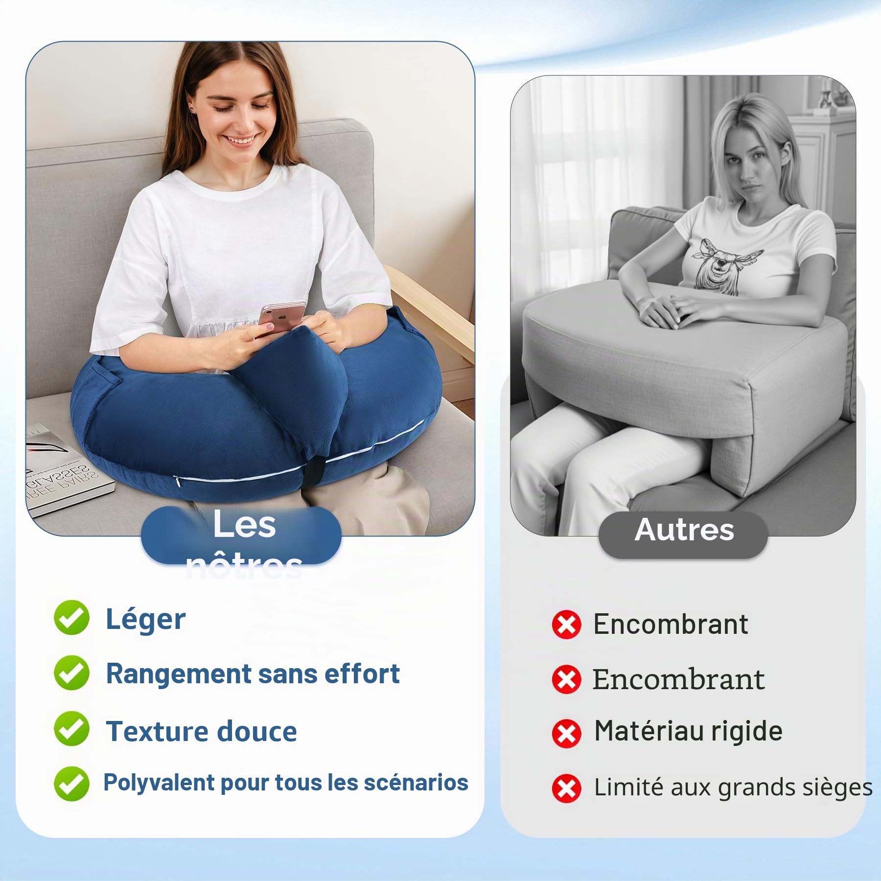INFANZIA Coussin de lecture pour le jeu, coussin de soutien pour le bras, coussin de forme U pour les genoux avec poche latérale pour le lit et le canapé, coussin de jeu compact avec support pour