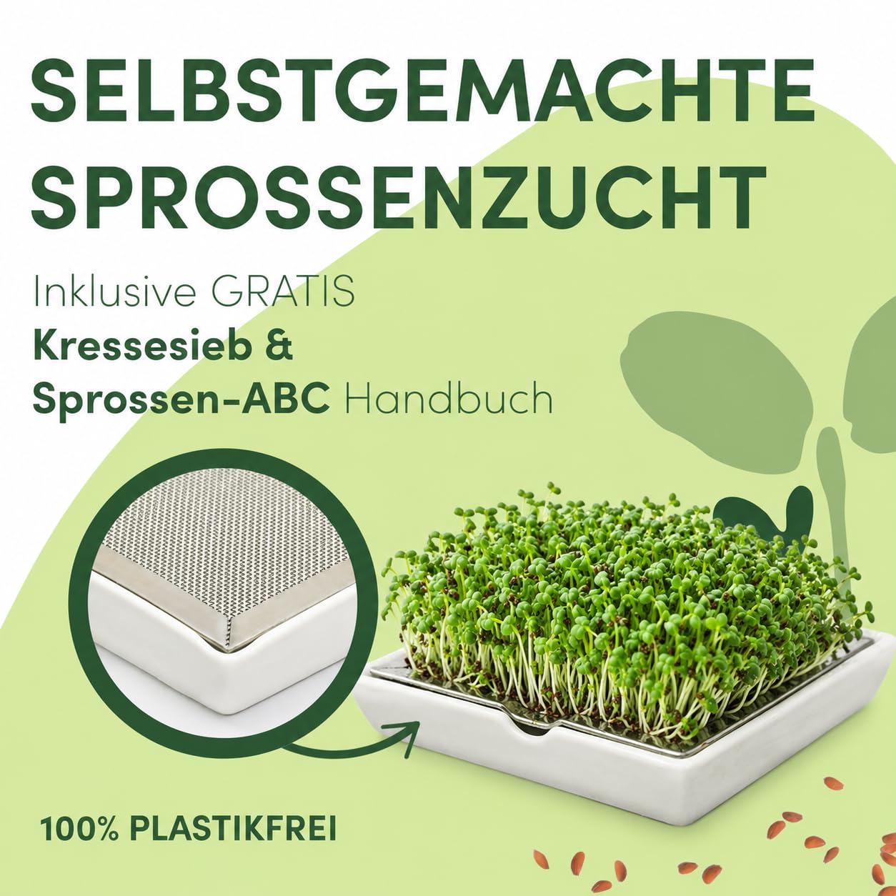 Green SEEDS Bocal à germes 2 Set de 1000ml avec Couvercle à Grille en Acier Inoxydable de Haute qualité, Support, Bol en céramique + ABC des germes Gratuit [E-Book]
