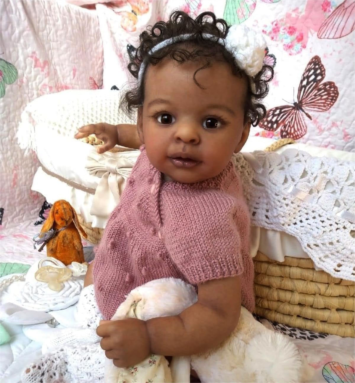 Zero pam Reborn Baby Mädchen, 48cm Reborn Baby Vollvinyl Lebensecht Puppe Mit Haaren, Realistisch Schwarze Babypuppen Wie Echt Puppe Ab 3 Jahre Mit Fütterung Zubehör