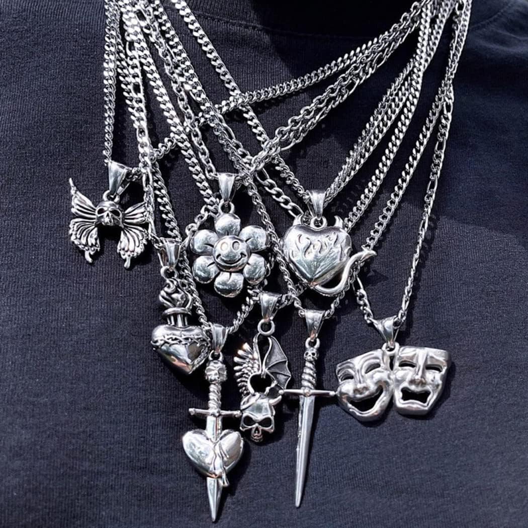 FUTIMELY Punk Skull Sword Necklace Retro Gothic Angel Demon Head Through Heart Sword Skull Sacred Heart Necklace Stainless Steel Pendant Necklace Personality Halloween Jewelry for Men Women - Image 3