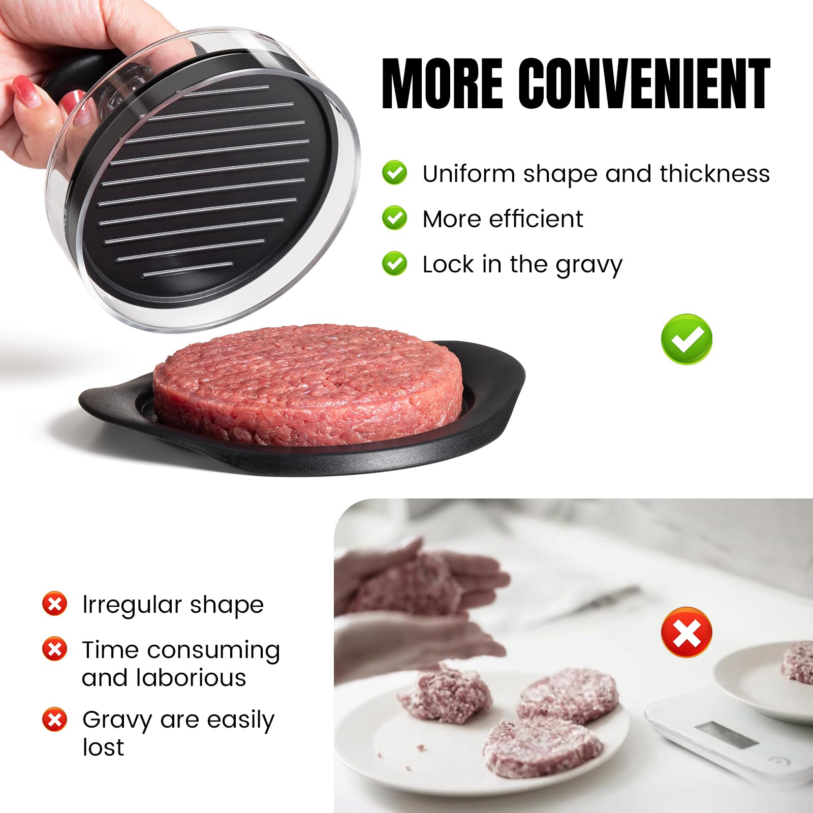 ANJUKE Burger Press, 6.4 inch Round Burger Smasher, 2 in 1 Non-Stick Burger Press Patty Maker for Making 1/2 lb and 1/4 lb BBQ Baking Stuffed Burgers Beef Burger(Black) — view 6