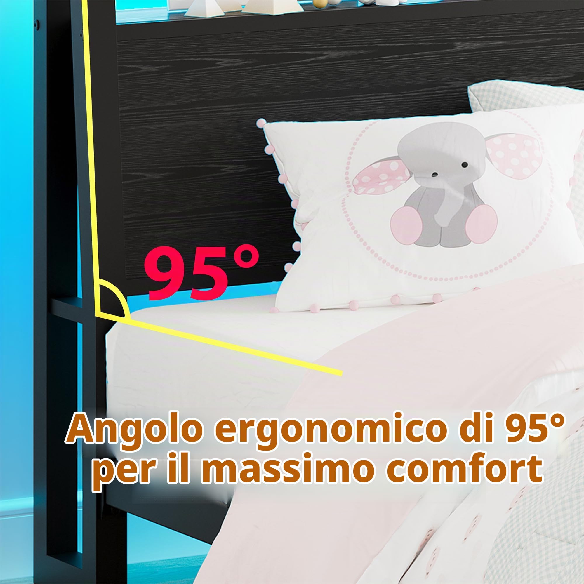 Letto 90 x 200 cm con testiera ergonomica con spazio di archiviazione, letto singolo in metallo, telaio del letto con stazione di ricarica e illuminazione a LED, ideale per camera da letto
