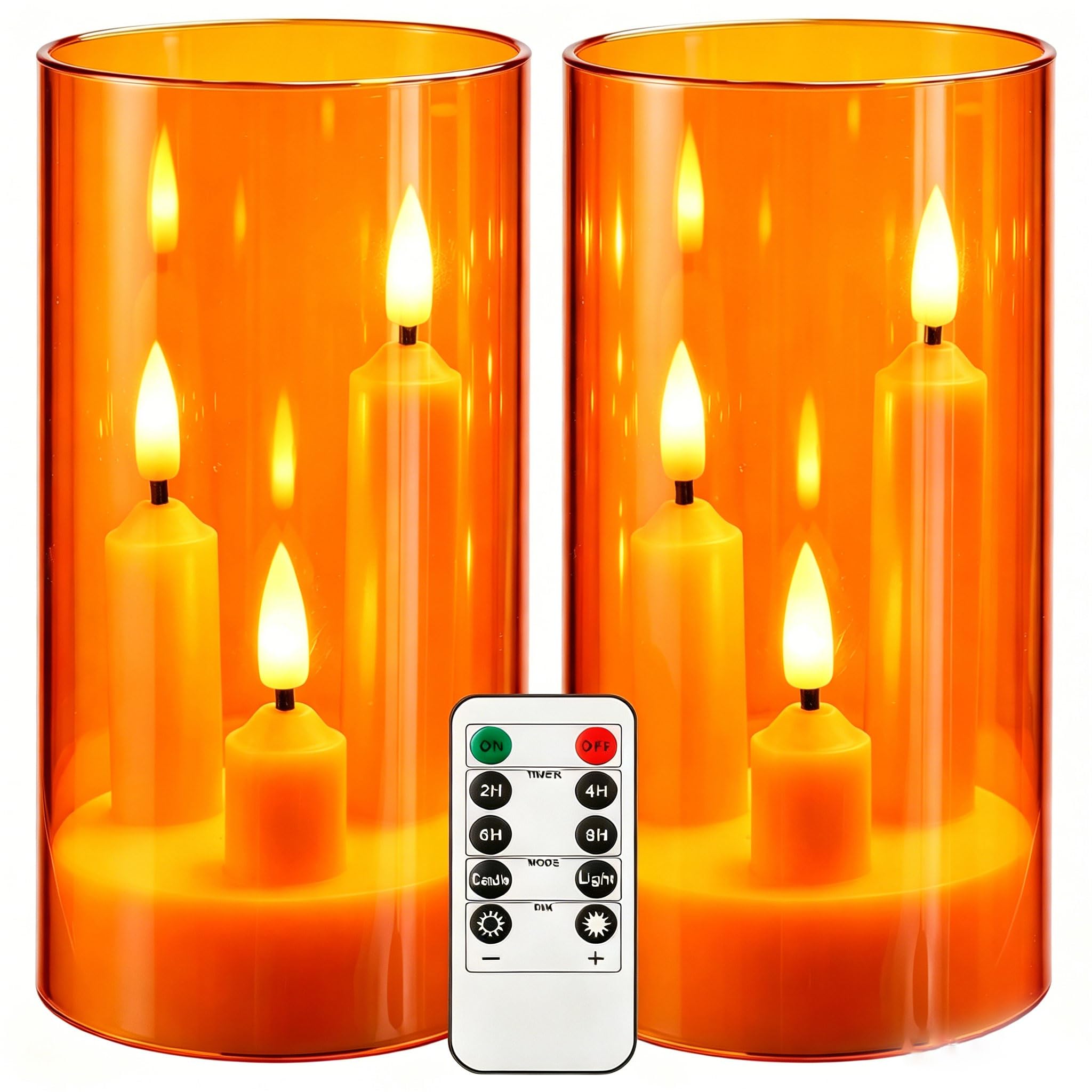 Da by 2 Pack 3D Wick Flameless Taper Candles, Orange Transparent Acrylic Cover, Remote Control Flickering LED Electric Candles, Battery Operated for Halloween Thanksgiving Christmas Home Decor.