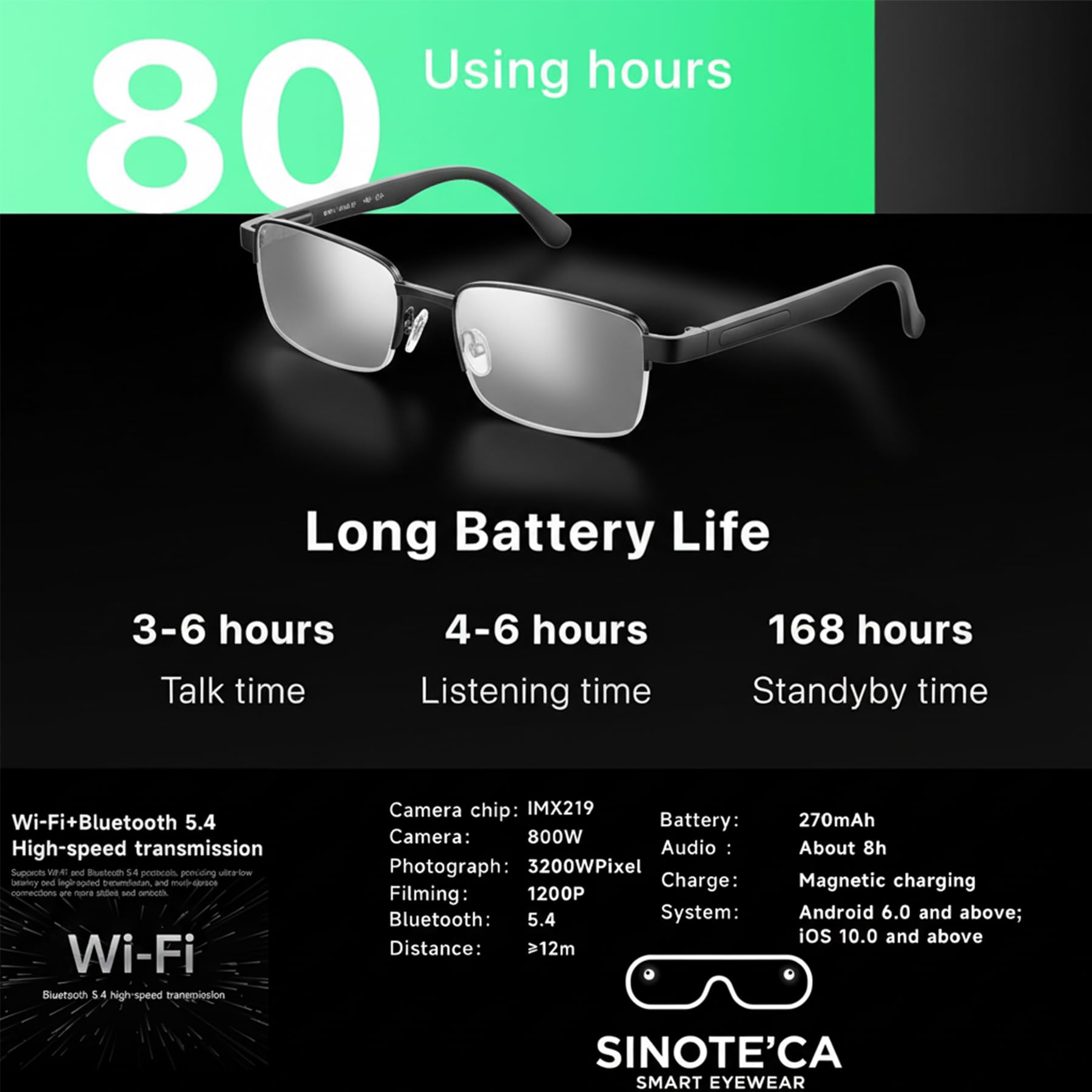 SINOTE'CA AI Smart Glasses con Telecamera 8MP, Occhiali Intelligenti Bluetooth, Occhiali da Sole con Videocamera Integrata, Traduzione in Tempo Reale, Musica Open-Ear, Microfono Dual Noise Reduction