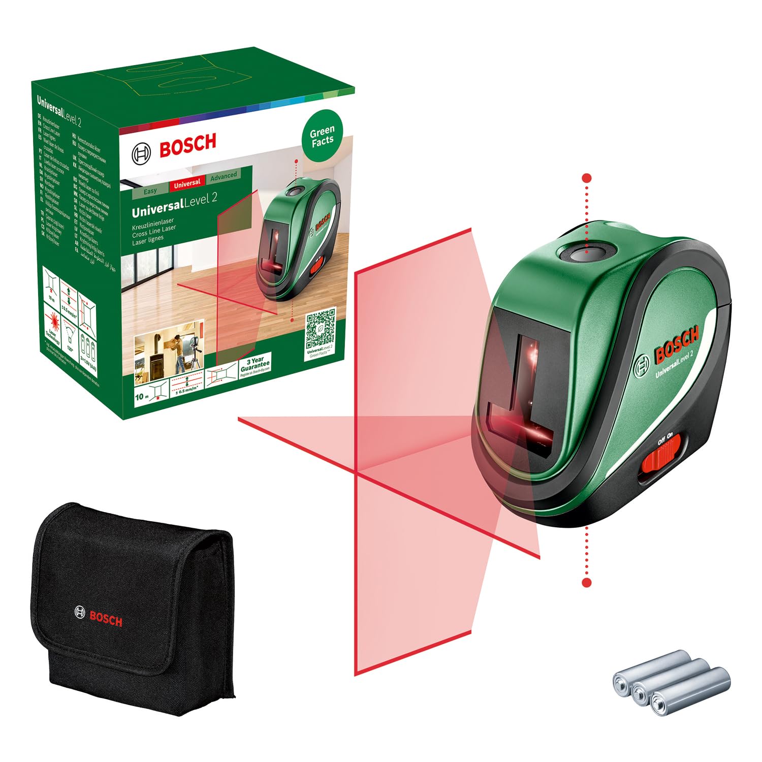 Bosch nivel láser de líneas cruzadas UniversalLevel 2 (láser de líneas cruzadas, incl. puntos de plomada para una alineación precisa y una transferencia sencilla, en caja de cartón)