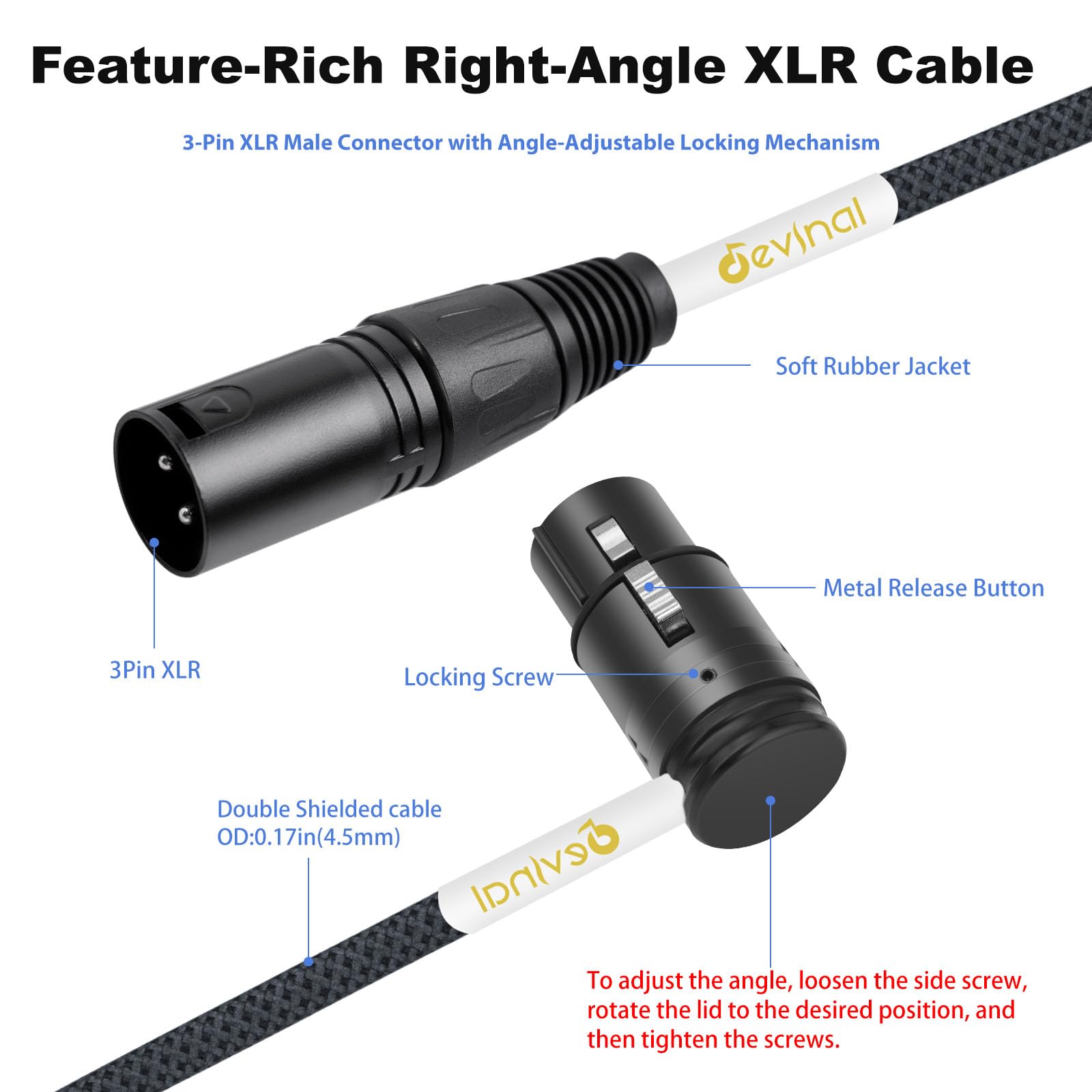 Devinal Rotatable Right-Angle XLR Cable, Adjustable-Angle Low-Profile XLR Microphone Adapter Connector - Image 2