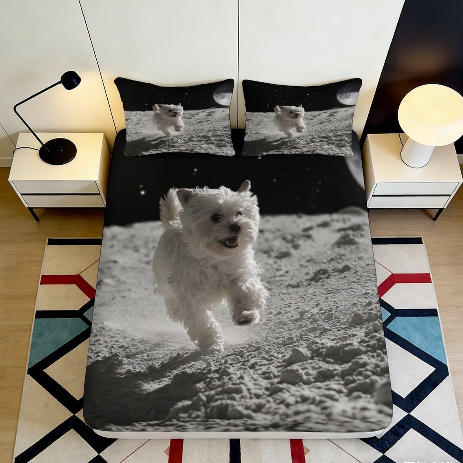 3D Printed White Dog Moonlight Fitted Sheet Microfiber Non-Slip Mattress Cover Bedroom Decor Machine Washable 120x200x25cm