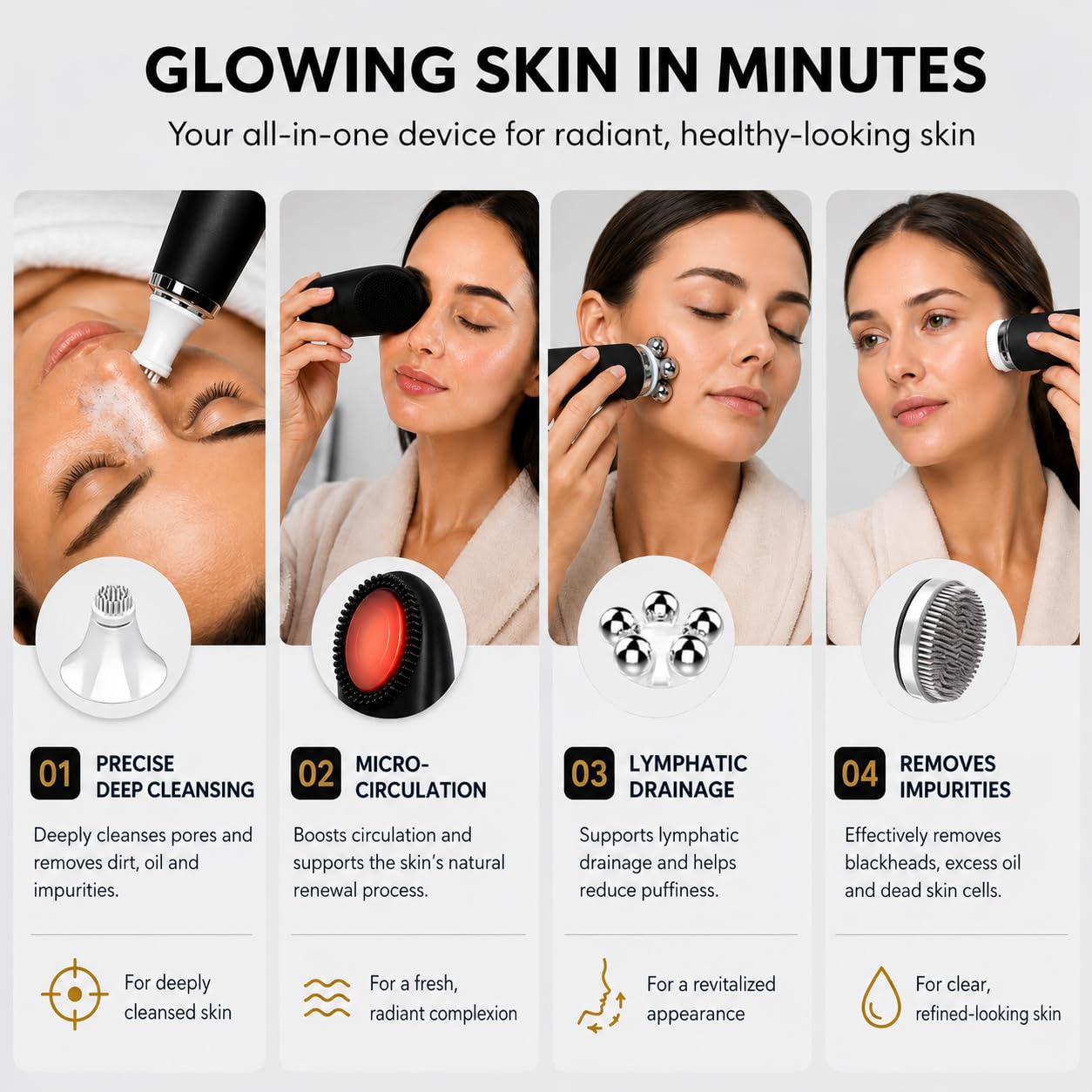 6-in-1 Facial Massager & Cleansing Brush, Electric Face and Neck Massager with 4 Interchangeable Heads, Rechargeable Skincare Device for Facial Massage, Deep Cleansing & Daily Care