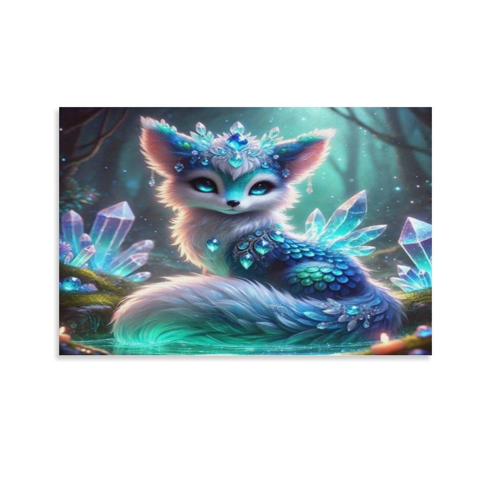 CPLVKWRQJ Crystal Fox Fairy Individual Crystal Fox Magical Forest Framed Canvas Art - Office Wall Decor Multi-Purpose Fade Resistant Statement Piece 20x30inch(50x75cm)