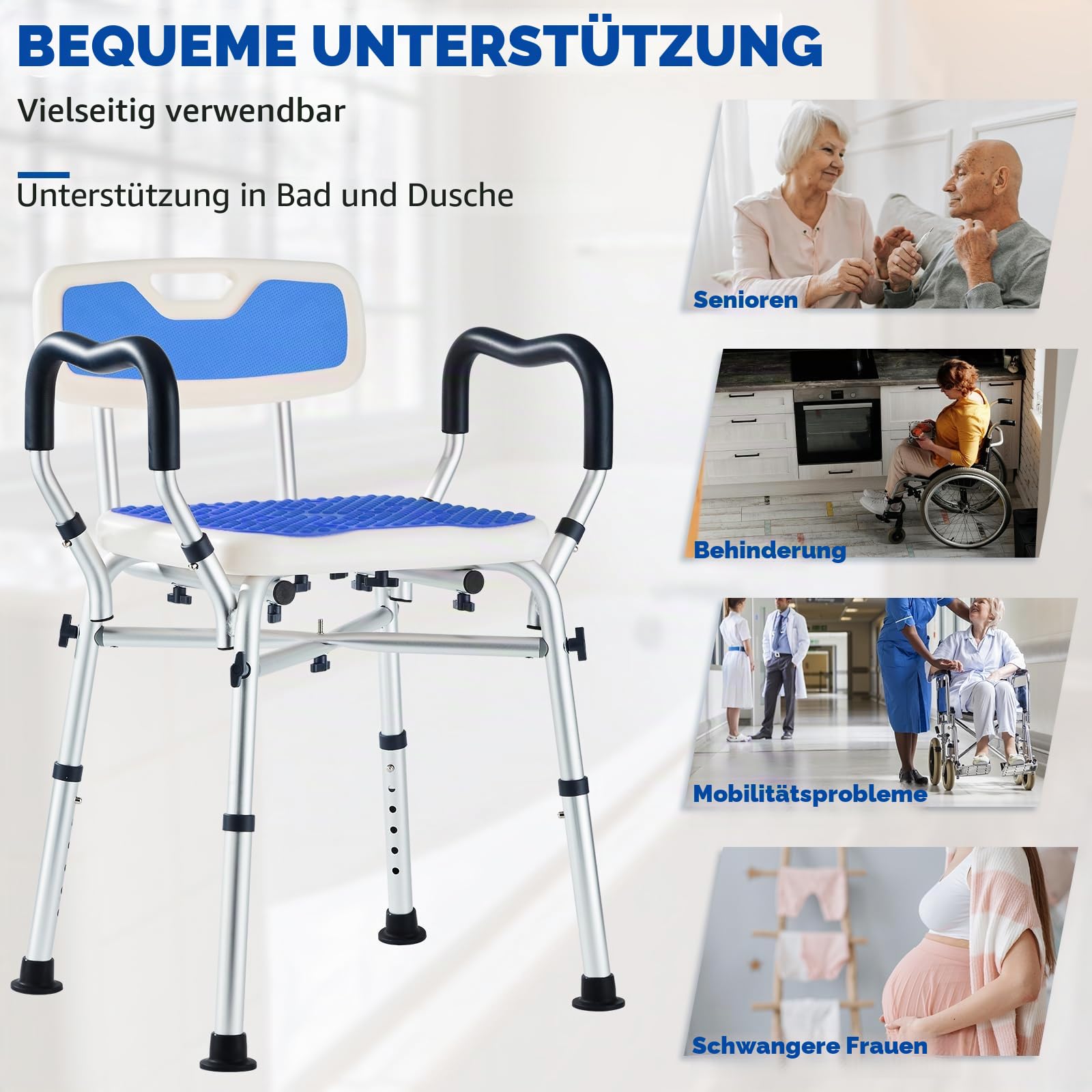Duschstuhl für Senioren, Duschsitz, Duschstuhl mit Armlehnen und Rückenlehne,Badestuhl für Senioren mit 6-stufiger Höhenverstellbar, Traglast 180 kg Blau