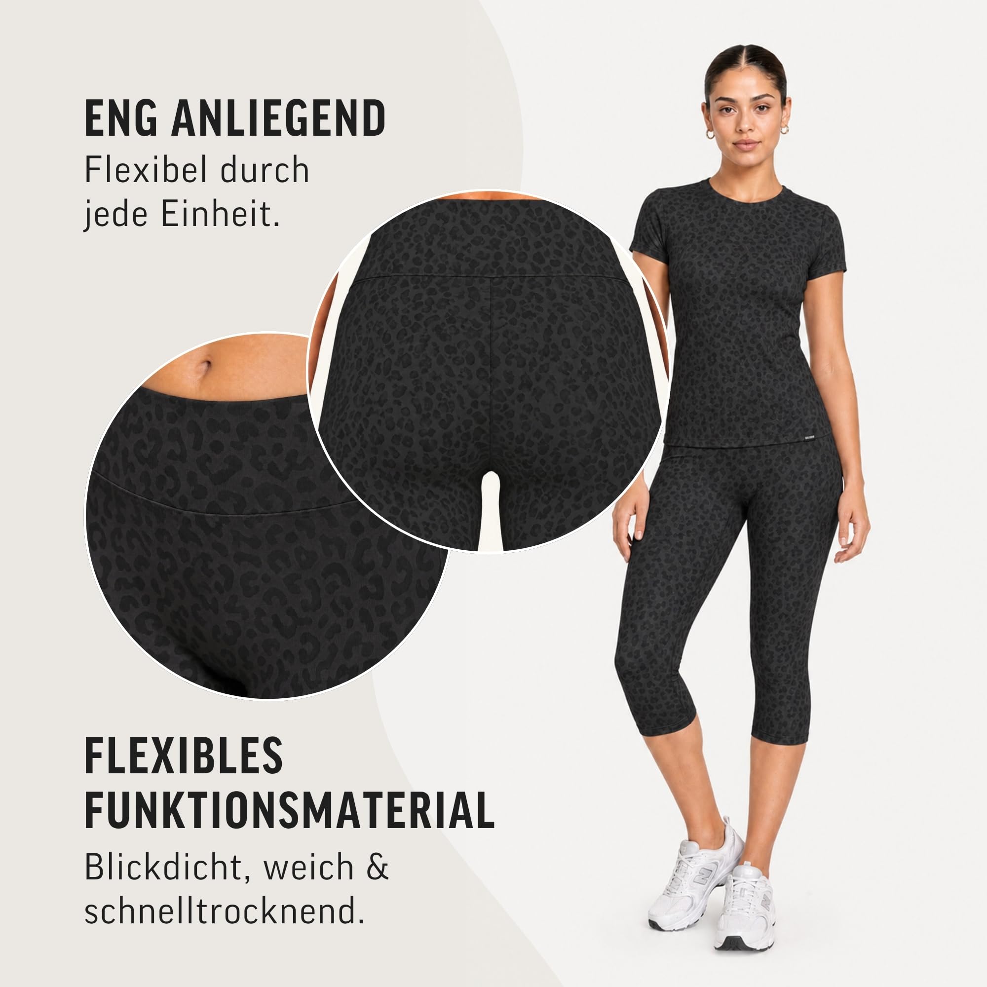 SMILODOX Capri Leggings Damen Velvara, 3/4 Sporthose im Leo Print, High Waist Fitnesshose mit 4-Wege-Stretch, blickdichte Trainingshose mit Konturnähten für Gym, Yoga, Sport und Alltag