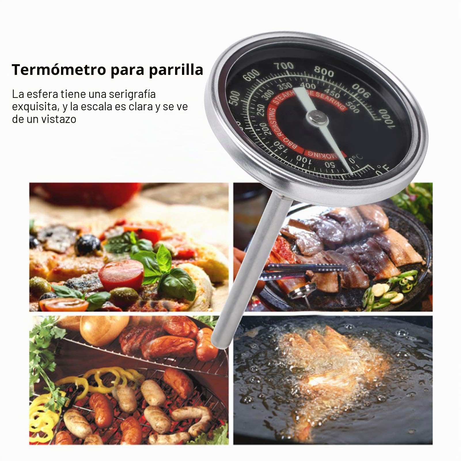 Termómetro para horno, 0‑1000 ℉ Termómetro para parrilla de barbacoa de acero inoxidable para el hogar Indicador de temperatura de cocción, IP55 a prueba de agua y alta precisión