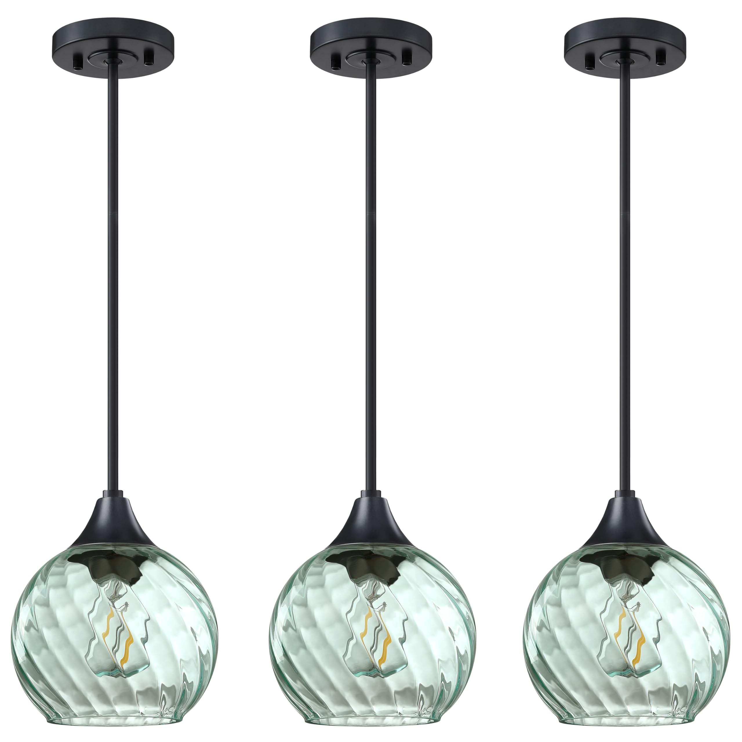 3 Pack 1 Light Hanging Indoor Kitchen Island Pendant Light 6.3" Clear Stripe Green Glass Pendant Ceiling Light Fixtures Black Finish Modern Farmhouse Dinning Over Sink