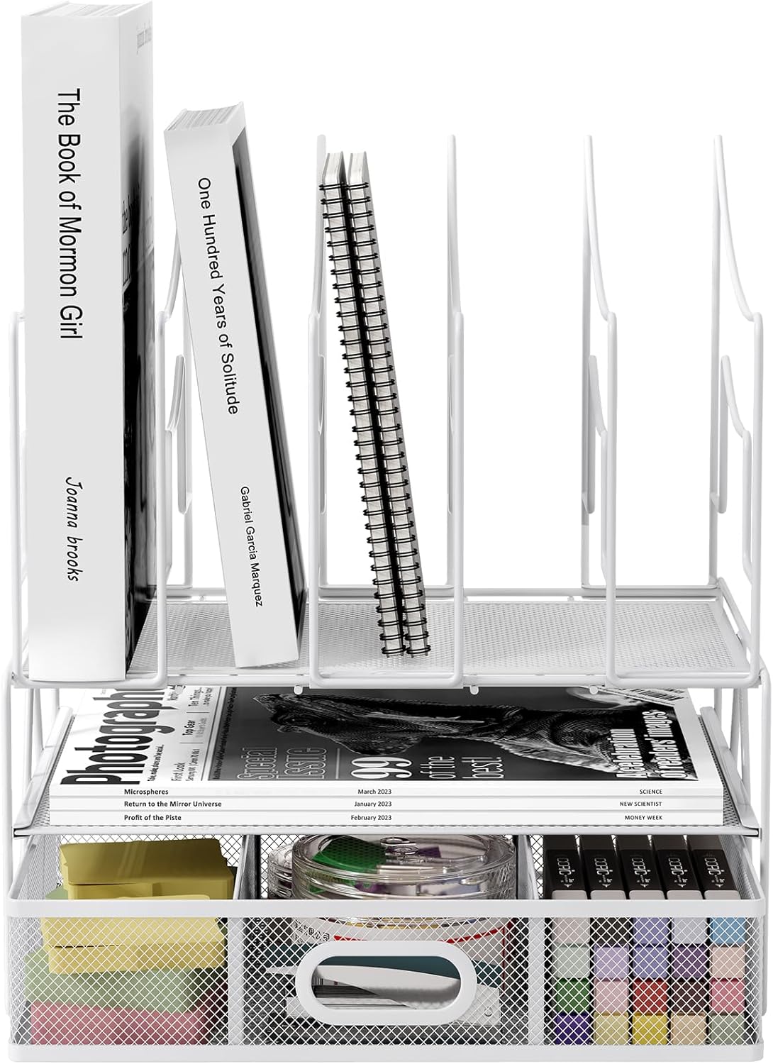 EasyPAG 3 Tier Desktop A4 Office Mesh Desk Tidy File Holder Paper Organiser Magazine Storage Filing Rack with Stationery Drawer,White 4 71hofwvprHL. AC SL1500