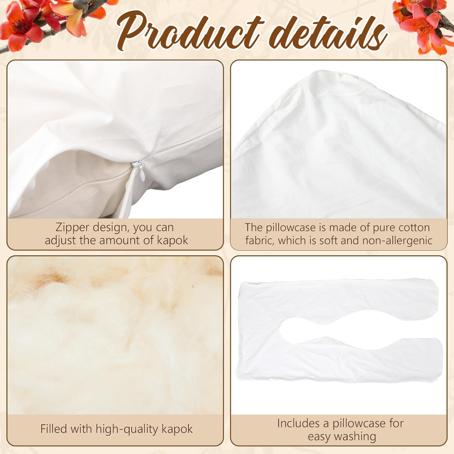 Leinuosen Organic Kapok U-Shape Pregnancy Pillow Natural Kapok Fiber Filled Maternity Pillows with Breathable Cotton Shell for Full Body Support, Hip & Back Pain Relief
