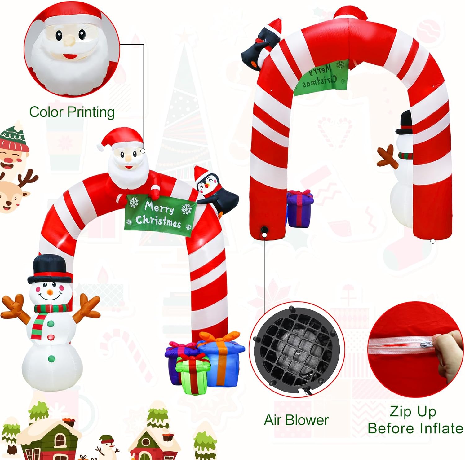 OurWarm 8FT Christmas Inflatables Candy Cane Archway, Santa Penguin and Snowman Inflatable Arch, Blow Up Yard Decorations with Built-in LED Lights, Outdoor Yard Lawn Garden Party Holiday Xmas Decor
