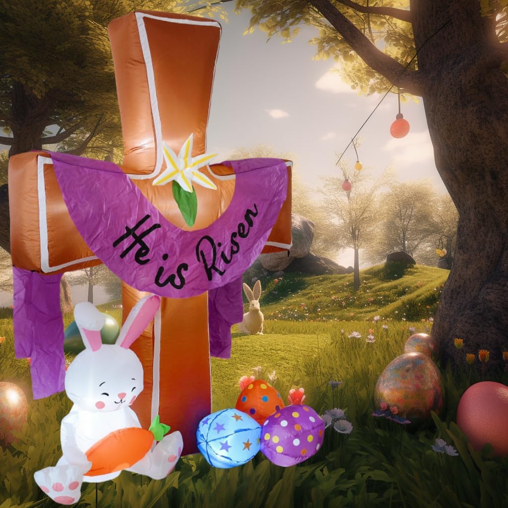 6FT Easter Inflatables Cross Outdoor Decorations, He is Risen Inflatables with Blossy Lilies Bunny Eggs with Built-in LED Lights for Easter Holiday Party Spring Party Lawn Garden Yard