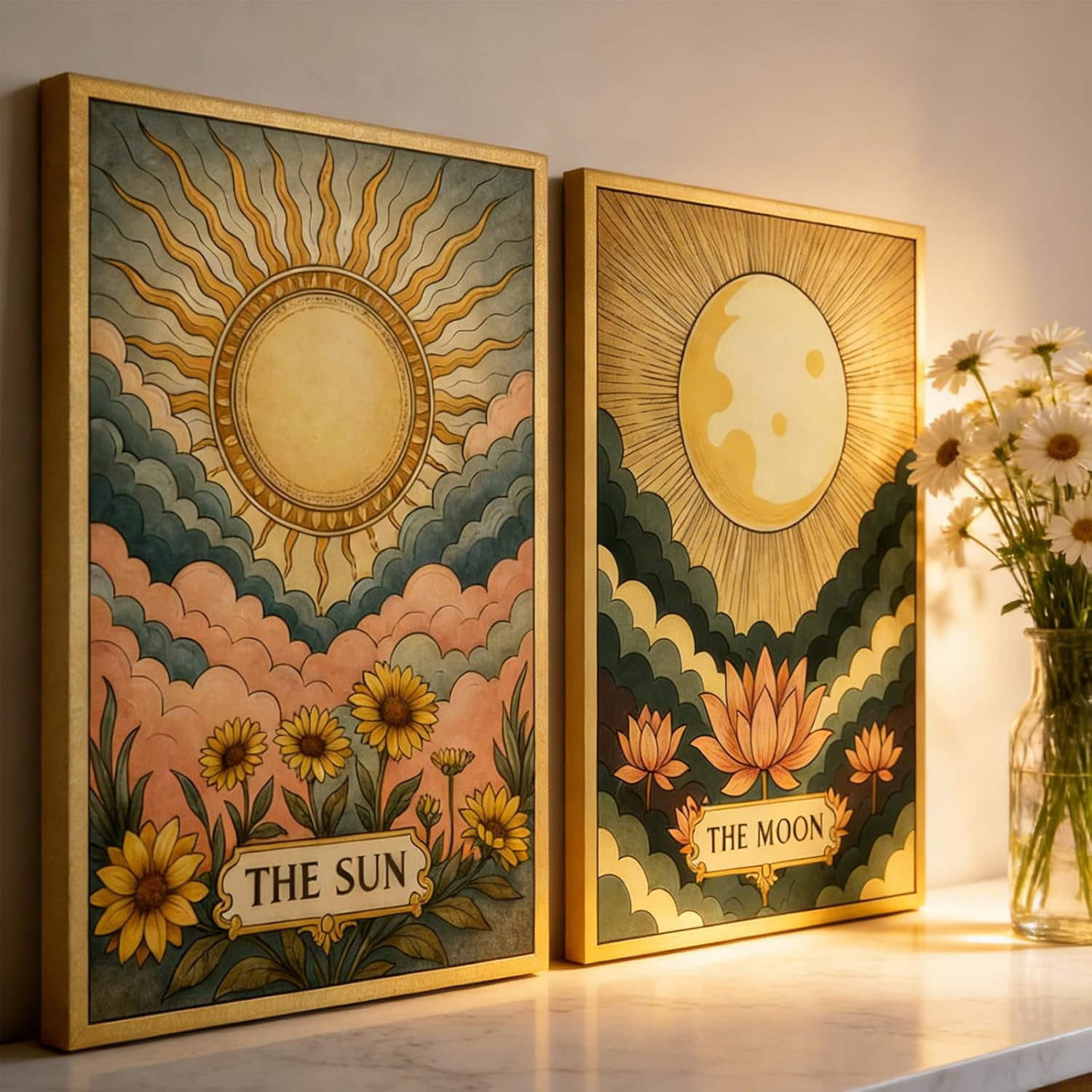 2Pcs Sun and Moon Celestial Canvas Wall Art boho Tarot Astrology Painting Picture Wall Decor Vintage Sun Flower and Full Moon Lotus Poster Print Artwork for Bedroom Living dormitory Home Decoration
