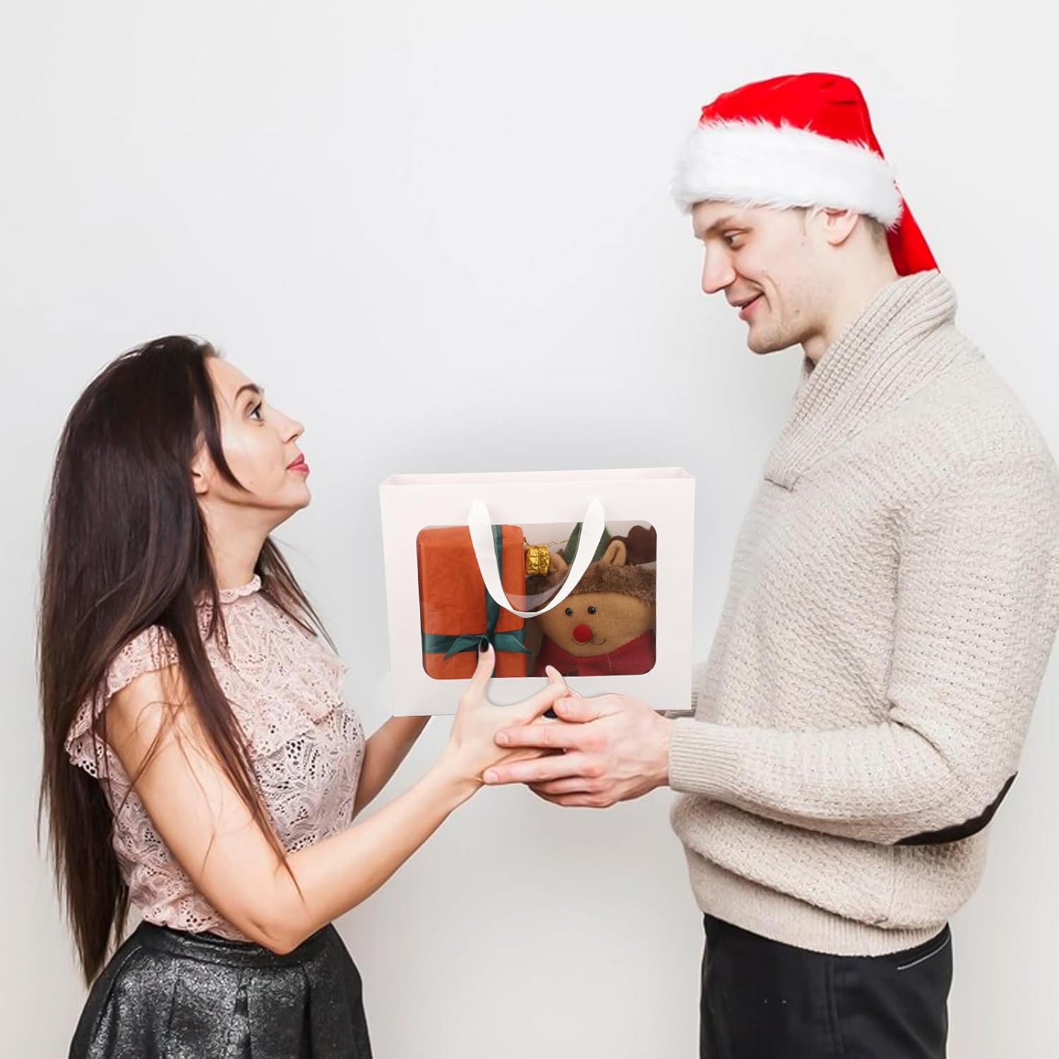 EUSOAR Thank You Gift Bags Bulk, 25pcs 10.6"x3.1"x8.3" White With Transparent Window, Bouquet Tote Paper Shopping Bags With Handles for Wrapping Wedding Festival Bridal Party - Image 4