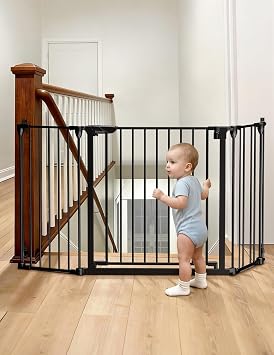 Babelio 72" Extra Wide Baby Gate, AdaptiZone, 3 Metal Panels | Hardware Mounted Dog Fence for Stairs, Kitchen, Doorways & Fireplace, Foldable Metal Panels, Auto Close, Black