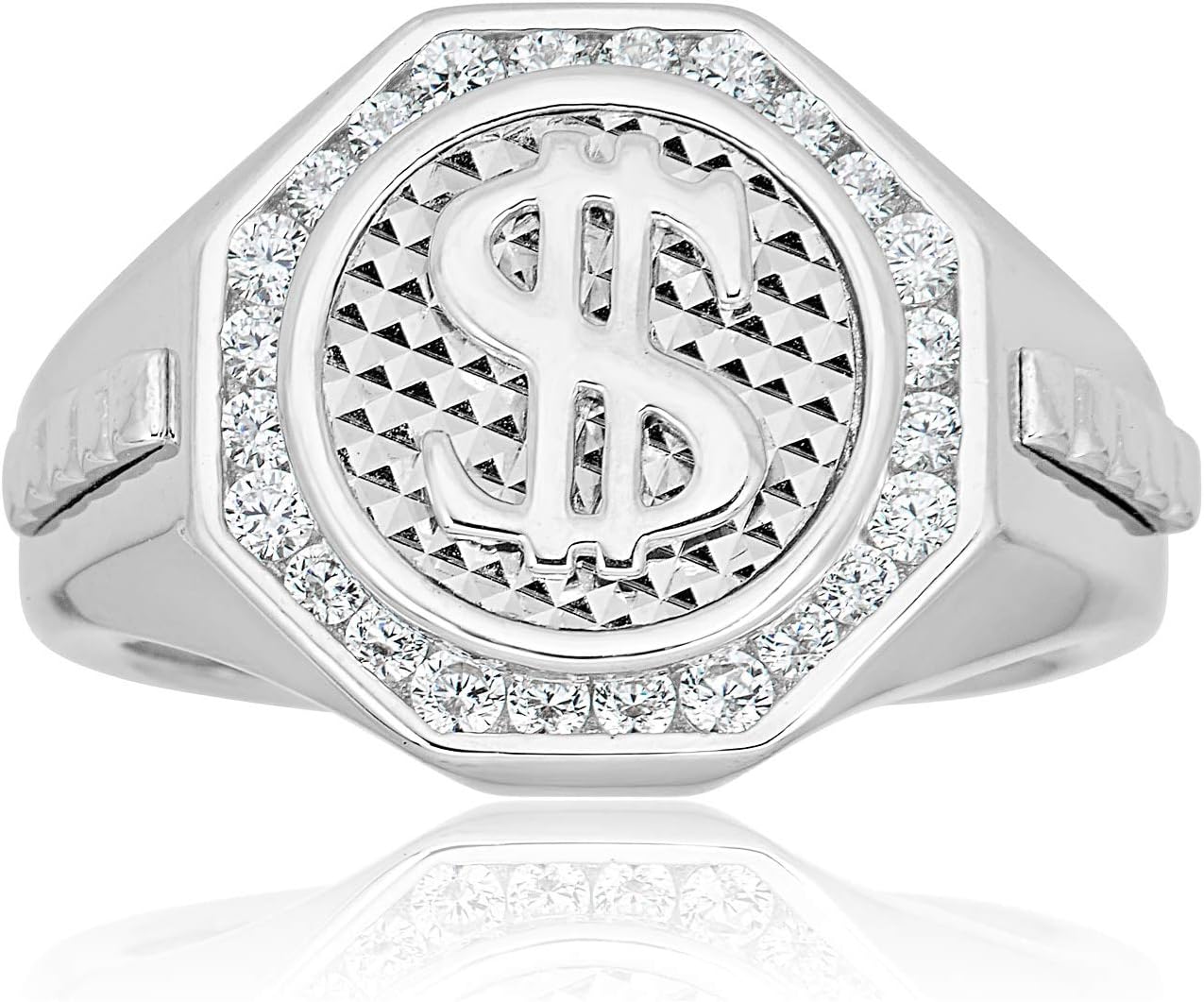 AVORA 925 Sterling Silver Men's Simulated Diamond CZ Hip Hop Money Dollar Sign Ring
