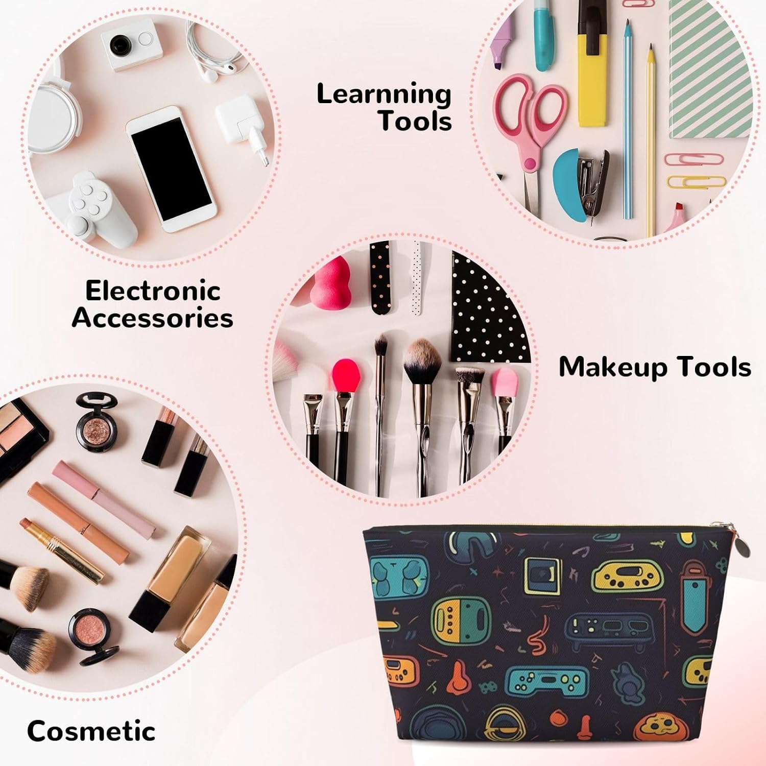Leather Makeup Bag for Women Travel Toiletry Bag Game Video Gaming Pattern Cosmetic Bag Large Makeup Pouch with Zipper, Gold, One Size image 3