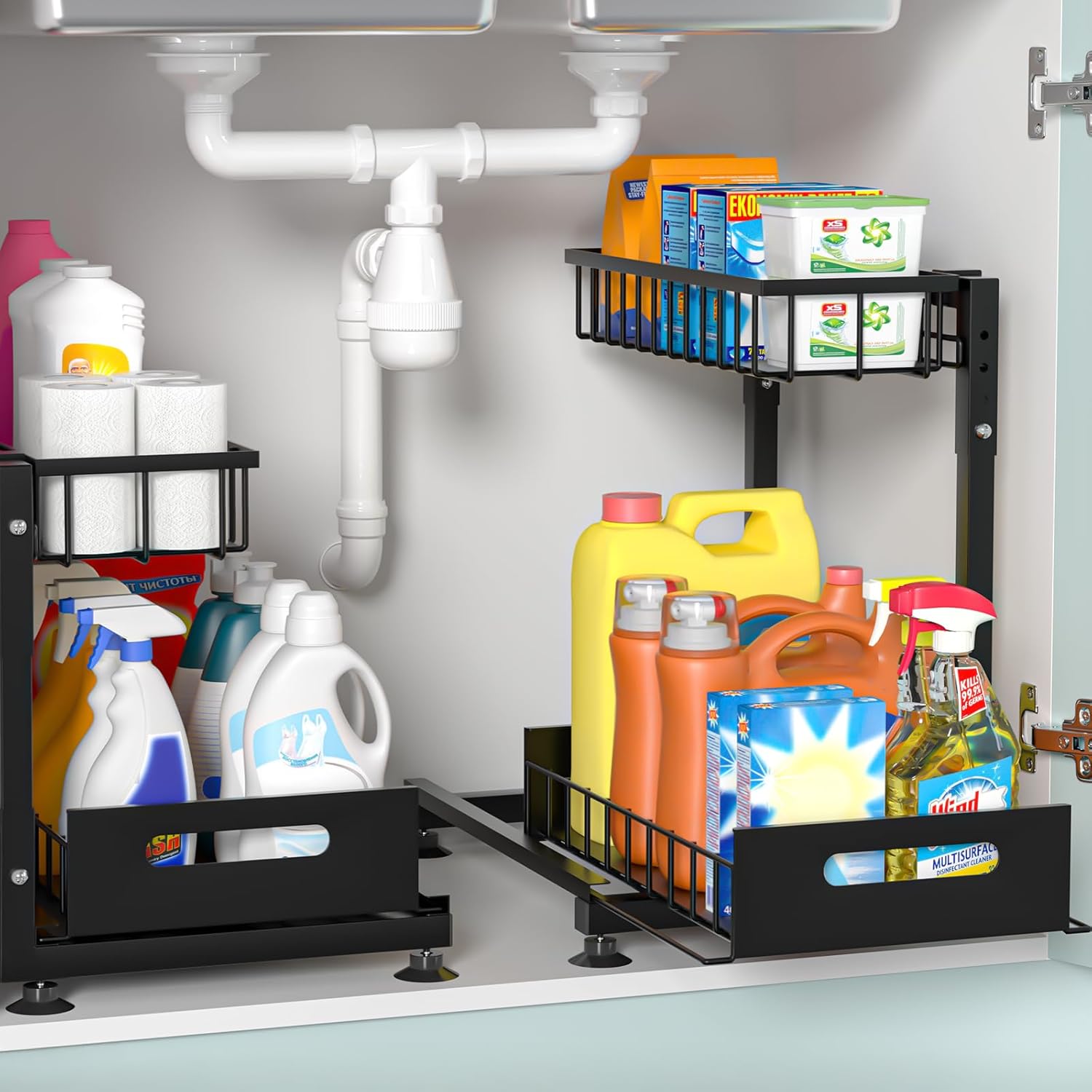 L-Shaped Under Sink Organizer, 2 Pack 2-Tier Pull Out Metal Kitchen Cabinet Organiz...