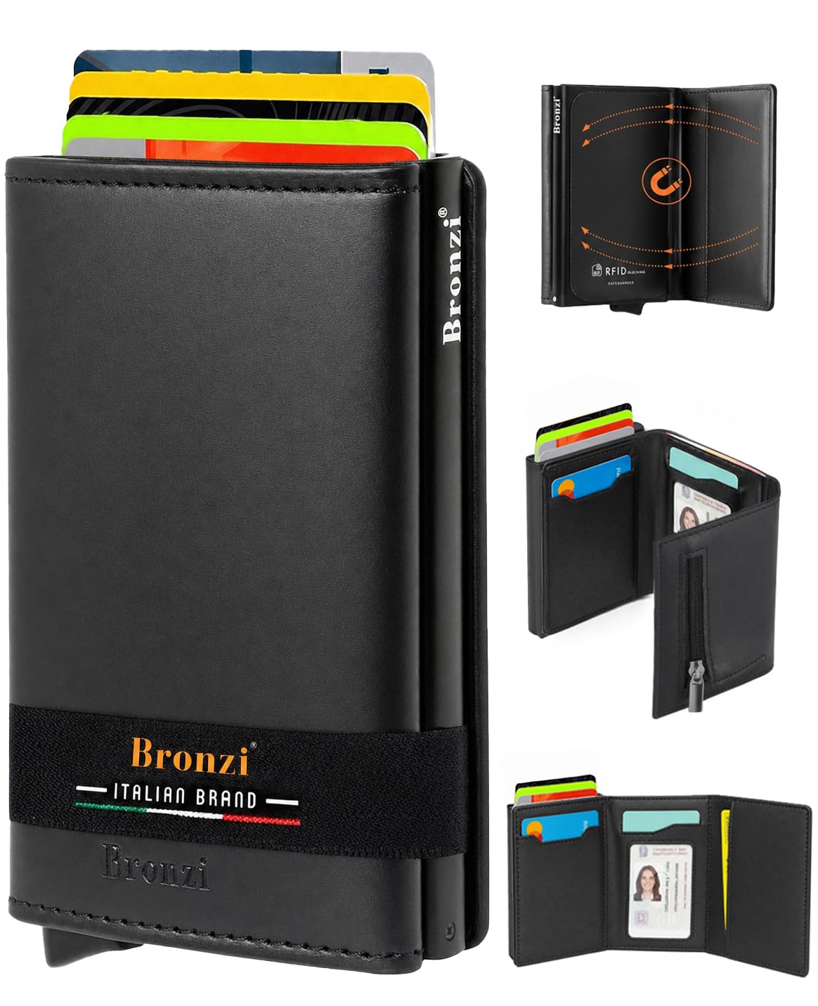Bronzi® Portafoglio Uomo Slim Piccolo | Portacarte Uomo Donna Portatessere Porta Carte Di Credito | Portafogli Mini Protezione RFID con Portamonete | Box Regalo - Brand Italiano