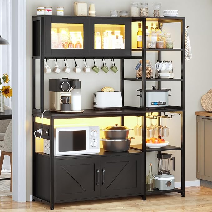 Itaar Bakers Rack with Power Outlet and LED Light, Black