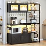 Itaar Bakers Rack with Power Outlet and LED Light, 45.3 Inch Farmhouse Coffee Bar Cabinet, Kitchen Microwave Stand with Storage, Glass Cabinet, Goblet Holder and 8 Hooks, Black