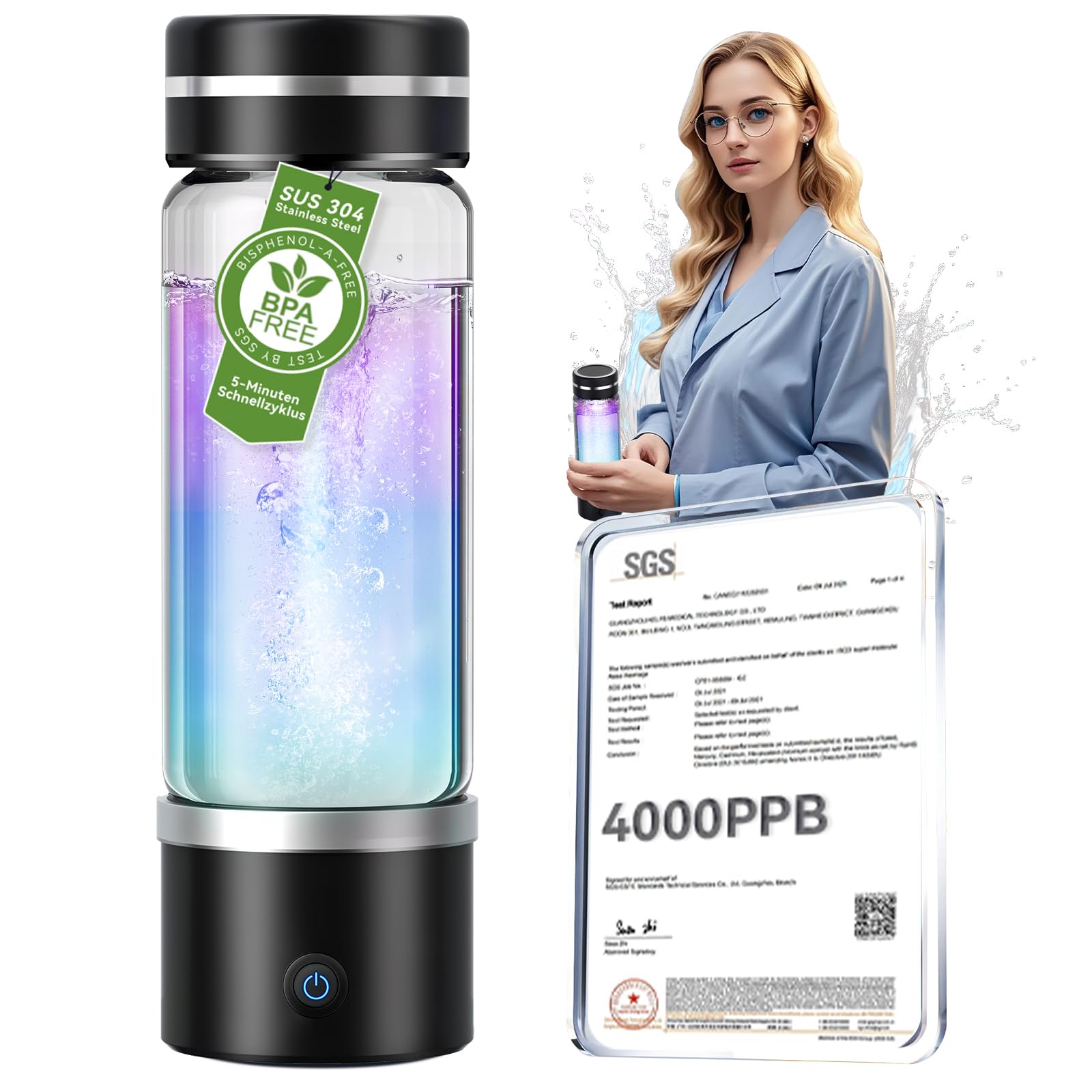Upgraded Hydrogen Water Bottle - 5000PPB, Odorless, SPE PEM Tech, 8-Hour Hydrogen Lock