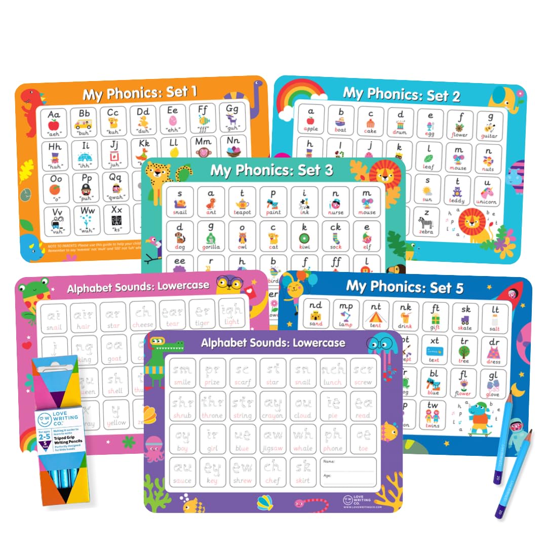 Phonics Sounds & Letter Tracing Set, 6 Double-Sided A3 Alphabet Mats, 5 Erasable Tripod Grip Pencils, Ages 3-5 Alphabet Practice | Love Writing Co