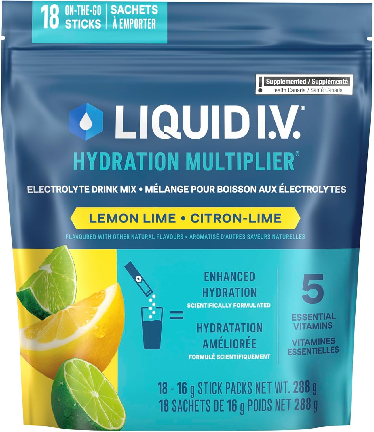 Liquid I.V. Hydration Multiplier Electrolyte Drink Mix – Enhanced Hydration Electrolyte Powder with Vitamins B3, B5, B6, B12 and C -18x On-the-go Sticks for Workout and Travel – Lemon Lime