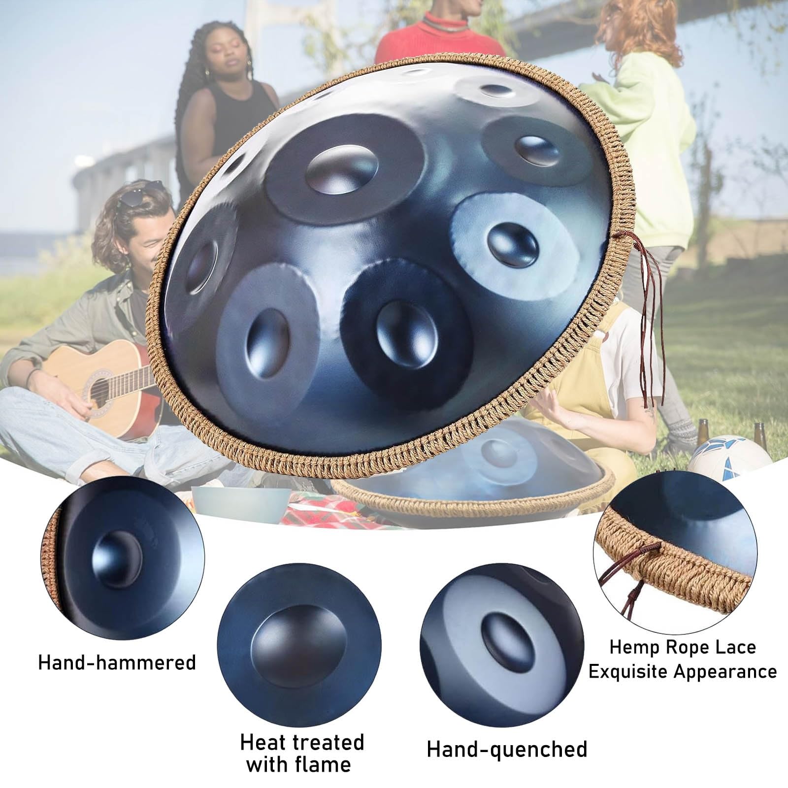55.8cm Tamburo Handpan 432Hz/440Hz, 9/10/12 Note Strumento A Tamburo Handpan, Re Minore Tamburo in Acciaio per La Guarigione del Suono(Blue,440HZ/12Note)