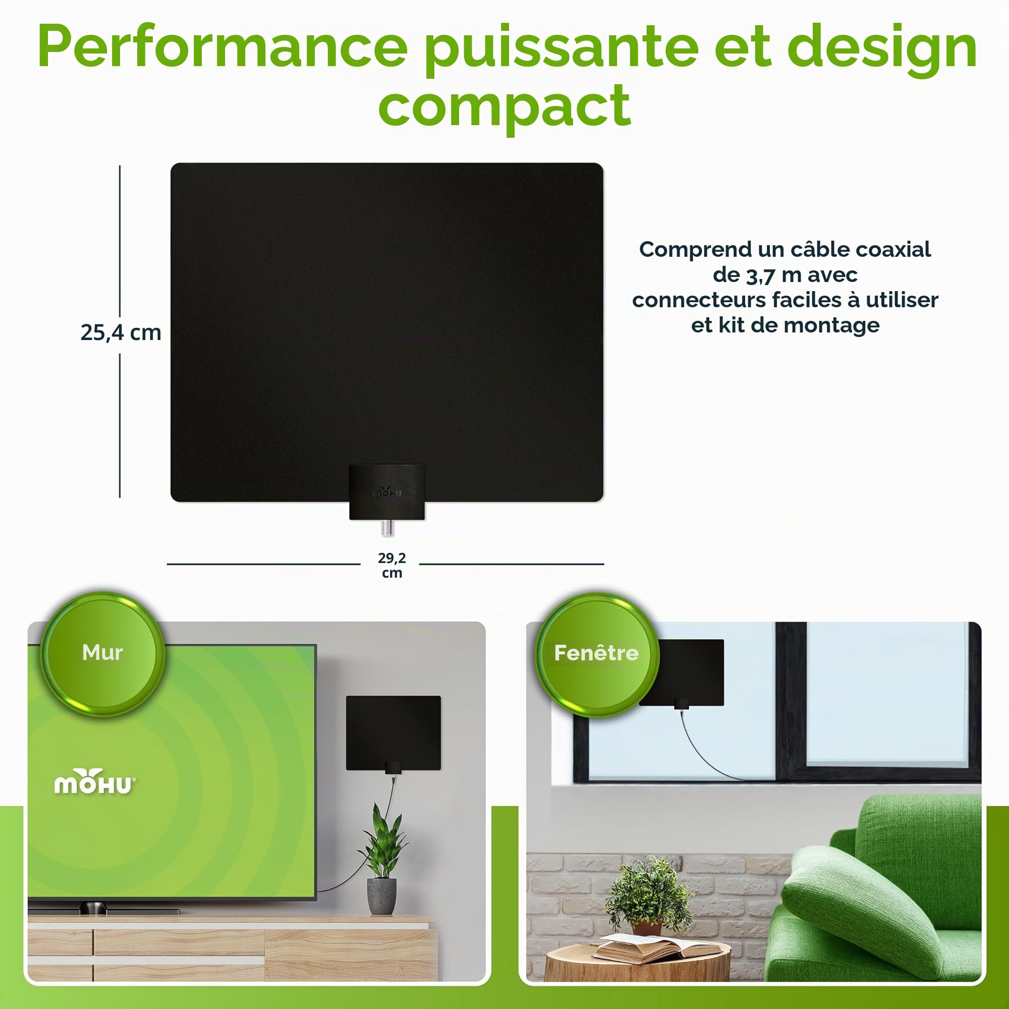Mohu Leaf 50 HDTV Antenna Intérieur 15dB antenne TV - Antennes TV (Intérieur, Blanc, 4,88 m, 15 DB, 80,467 m)