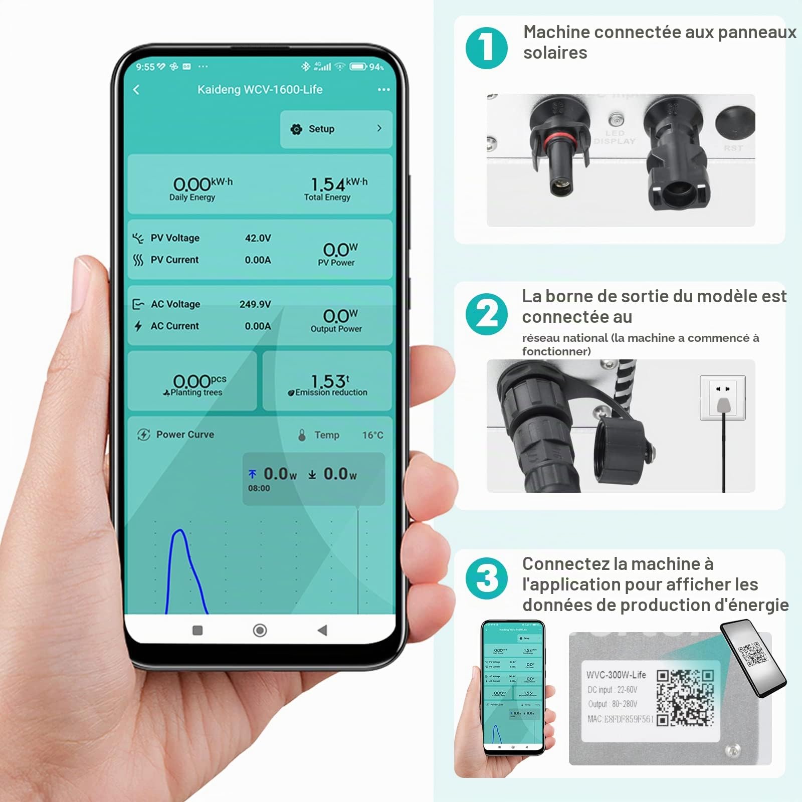 Micro onduleur Micro onduleur Solaire MPPT Grid Tie Converter avec système de Surveillance de téléphone Portable WiFi(WVC-1600W)