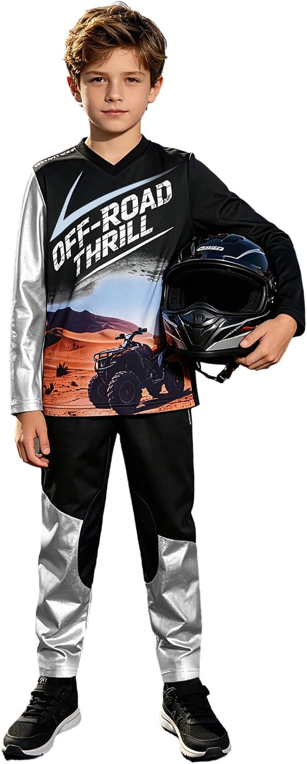 Kids Boys Dirt Bike Jersey And Pants Racing Suit Motocross Outfit Moto Gear Set for Cycling Training Black 10 Years