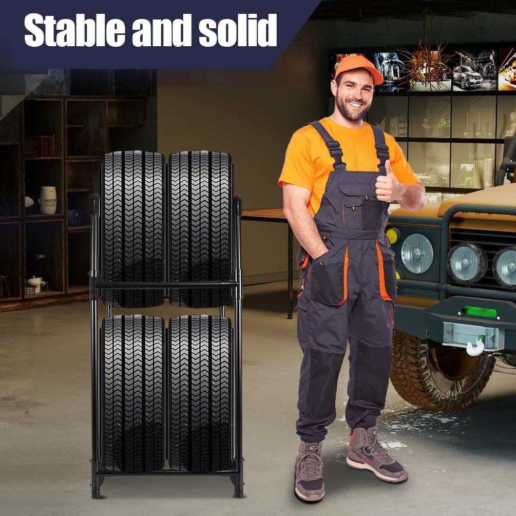 BAOYOUNI Supporto per 4 pneumatici o cerchioni, 2 livelli in acciaio, salvaspazio, per garage, cantina, officina, 57,2 x 37,3 x 114,6 cm, nero