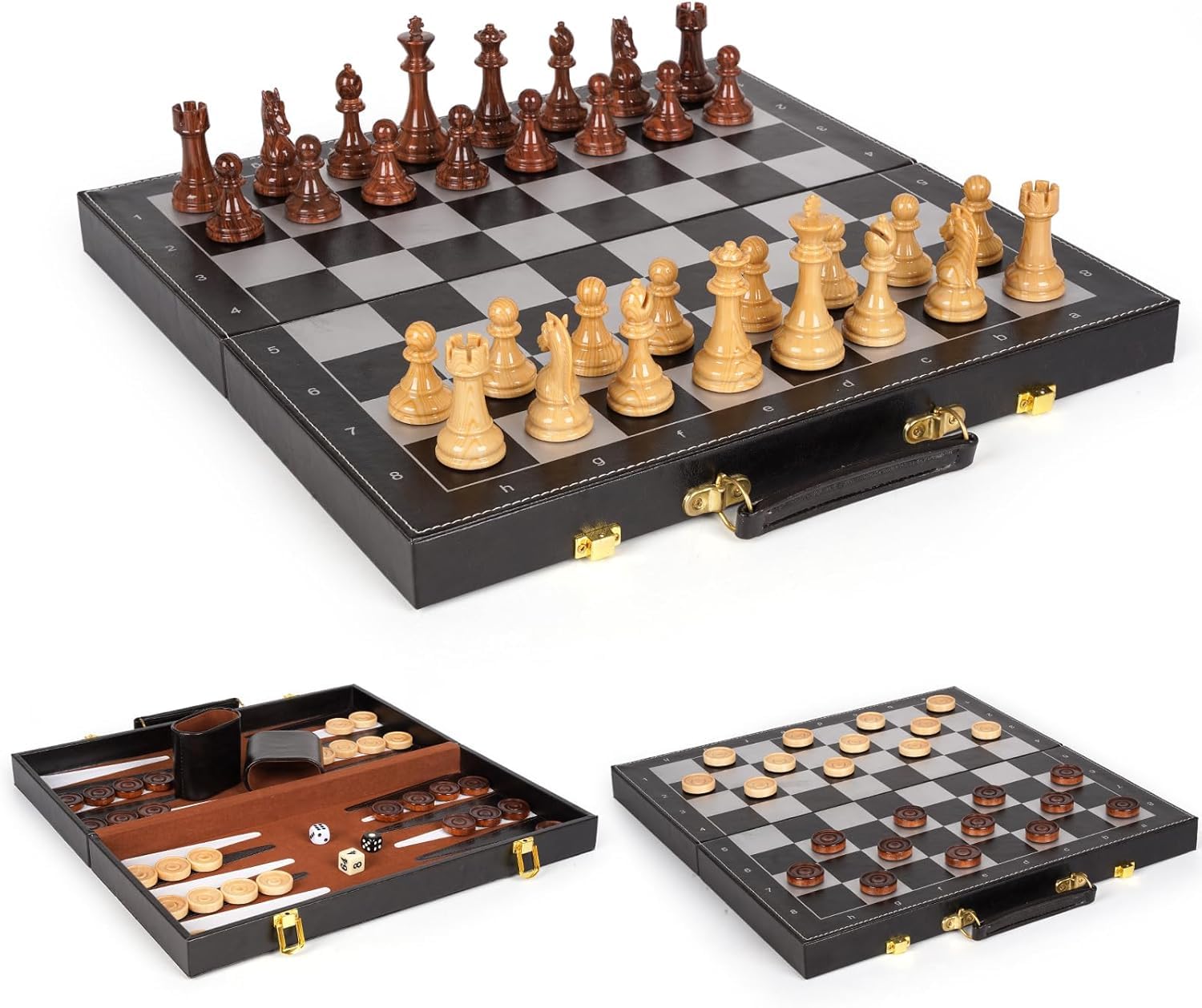 Photo 1 of 3 in 1 Magnetic Chess Set & Checkers Backgammon Board Game Set, 15" Wooden Folding Chess Board, Tournament Portable Travel Chess Set, Beginner Chess Board Game for Adults & Kids