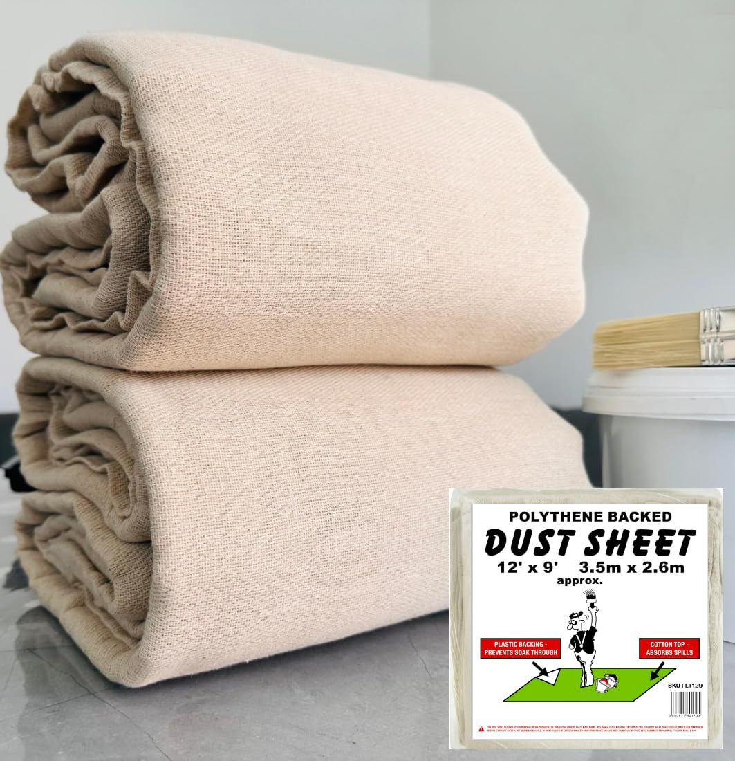 Jms Bridge Beige 2 X Laminated Cotton Dust Sheets For Decorating & Painting – 12Ft X 9Ft Paint Cover Sheets With Plastic Polythene Backing, Drop Cloth For Painting, Furniture, Floors, And Staircases.