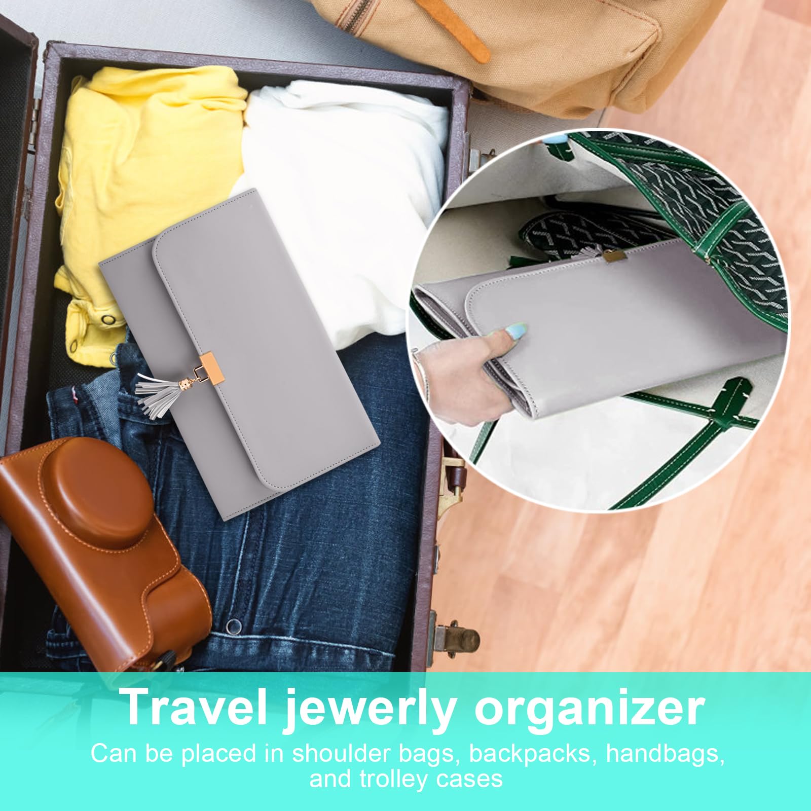 Organizer Da Viaggio Per Gioielli Pieghevole - Borsa Impermeabile Per Collane, Orecchini, Anelli (Nero) - Foto 11