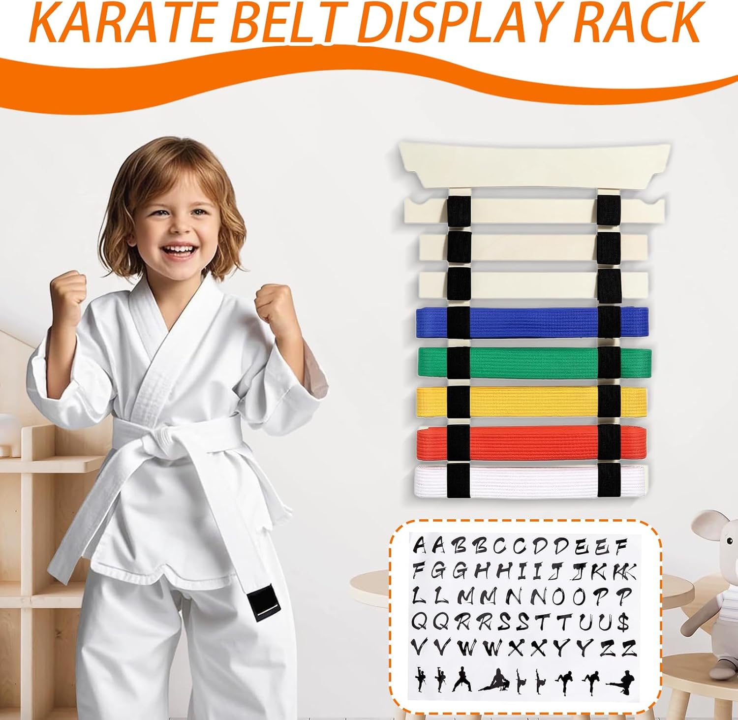 Karate Belt Display Rack, Karate Belt Organizer with Hanger and Stickers, No Assembly Required, Martial Arts Storage Rack with Durable Design, e