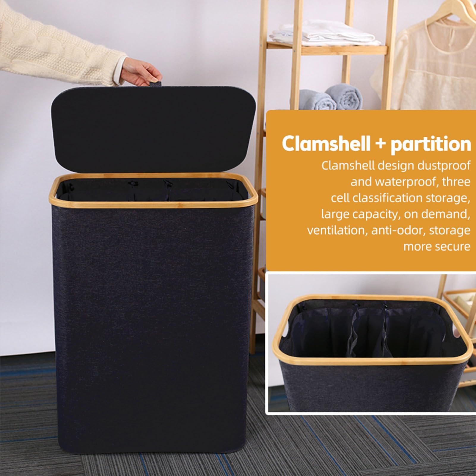 Cesto para la Colada Plegable, Cesto para la Colada de Gran Capacidad de 160 L con Tapa, Organizador de Ropa Sucia con 3 Divisores con Asas para el Hogar y los Viajes (Negra)